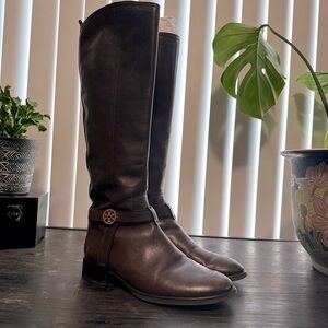Tory Burch Bristol Brown Leather Riding Boots Coconut Equestrian Calf w/ Box 7.5